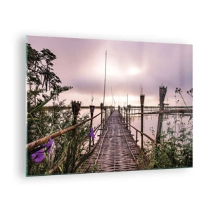 Tablou pe sticlă - Un pod de bambus care traversează lacul, înconjurat de plante și flori - 70x50cm - Pacea și liniștea Asiei - Decorațiune modernă pentru perete pentru living și dormitor ARTTOR