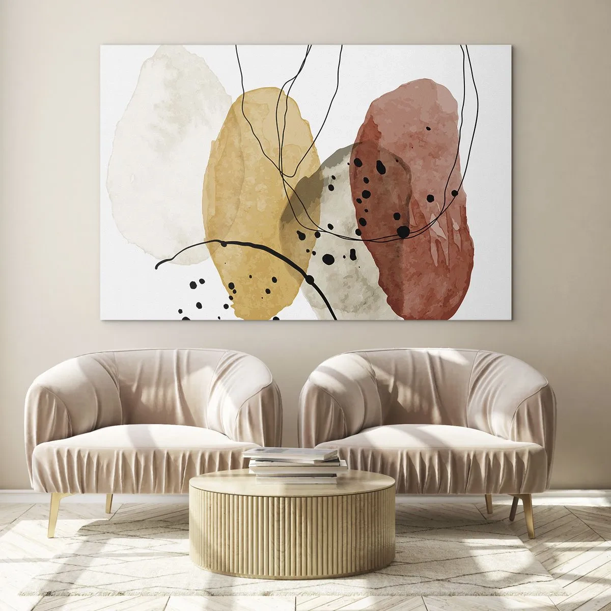 Tablou pe sticlă - Pete abstracte de culoare pământie cu linii subțiri - 70x50cm - Ca aerul, limpezi și ușoare - Decorațiune modernă pentru perete pentru living și dormitor ARTTOR