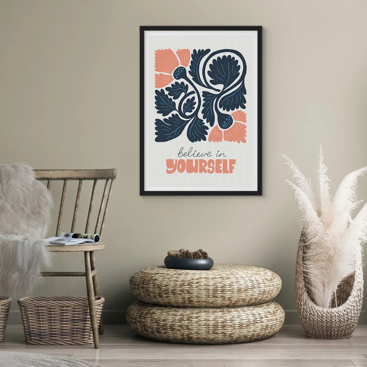 Poster în ramă neagră - Flori stilizate în albastru marin și roz cu o inscripție inspirată - 50x70cm - Și tu înflorești - Decorațiune modernă pentru perete pentru living și dormitor ARTTOR