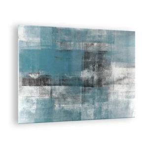 Tablou pe sticlă - Abstracție în nuanțe de albastru și gri cu forme geometrice - 70x50cm - Apă și aer - Decorațiune modernă pentru perete pentru living și dormitor ARTTOR