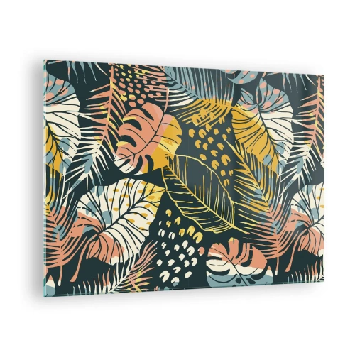 Tablou pe sticlă - Un model de frunze tropicale în culori vibrante, plin de energie și exotism. - 70x50cm - Fantezie cu frunze - Decorațiune modernă pentru perete pentru living și dormitor ARTTOR