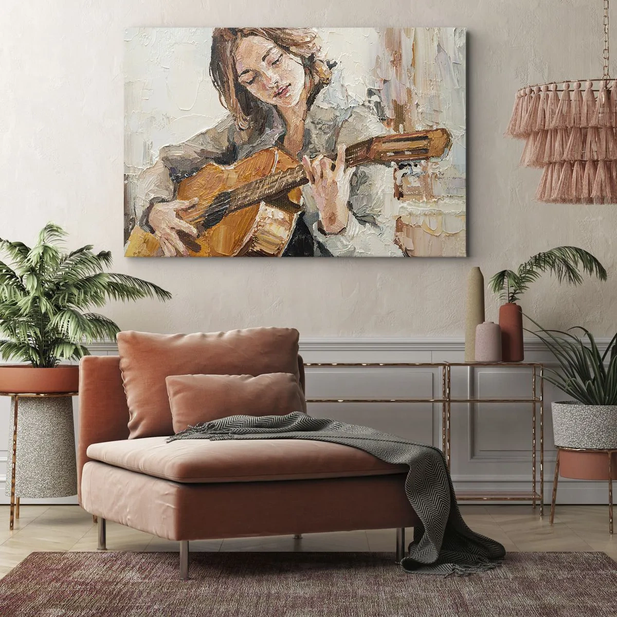 Tablou pe pânză Canvas - Portretul unei fete care cântă la chitară într-un stil pictural, cu culori calde. - 70x50cm - Concert pentru chitară și inima unei fete - Decorațiune modernă pentru perete pentru living și dormitor ARTTOR
