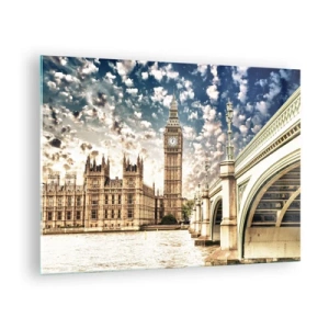 Tablou pe sticlă - Big Ben și Podul Westminster din Londra - 70x50cm - Nori de pene deasupra Tamisei - Decorațiune modernă pentru perete pentru living și dormitor ARTTOR