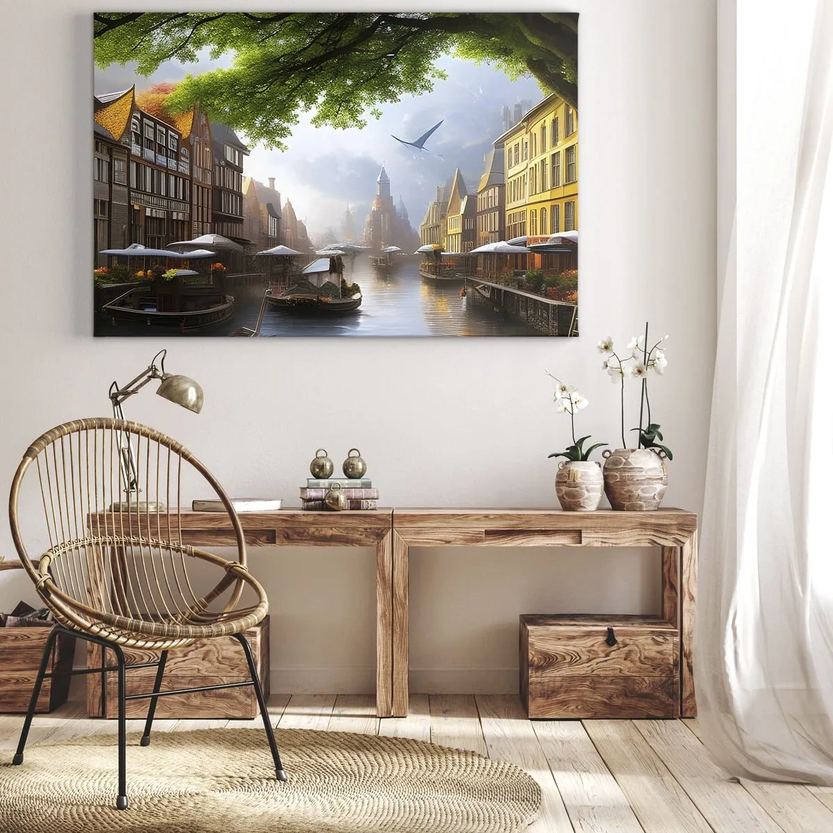 Tablou pe pânză Canvas - Un peisaj olandez pitoresc cu un canal și case de tip bloc - 70x50cm - Peisaj urban olandez  - Decorațiune modernă pentru perete pentru living și dormitor ARTTOR