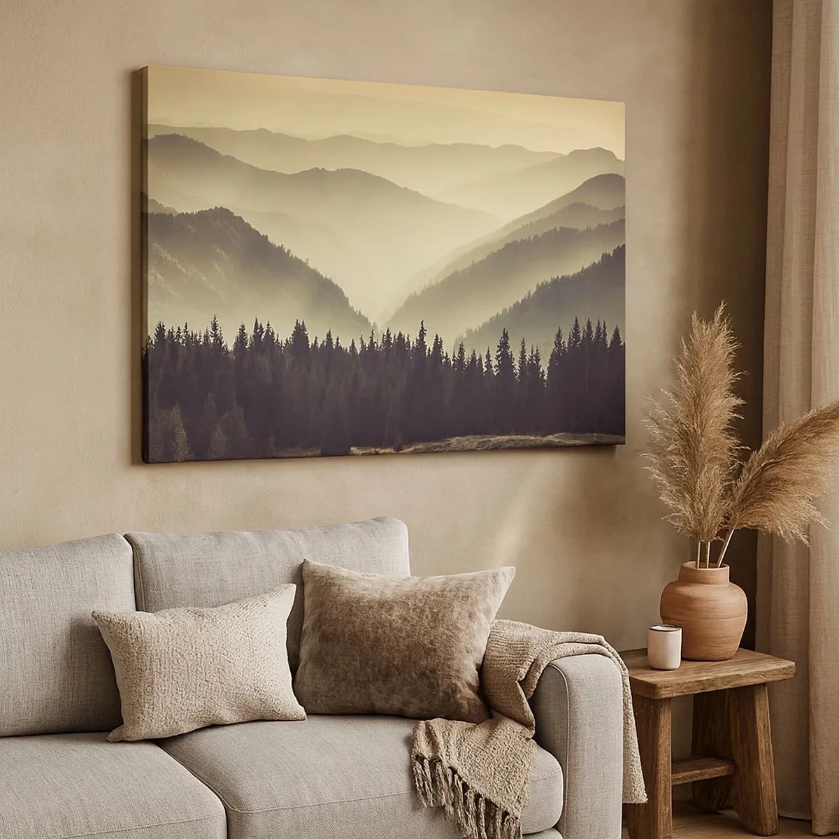 Tablou pe pânză Canvas - Lanțuri muntoase pitorești învăluite în ceață, în lumină caldă - 70x50cm - Dincolo de munți... - Decorațiune modernă pentru perete pentru living și dormitor ARTTOR