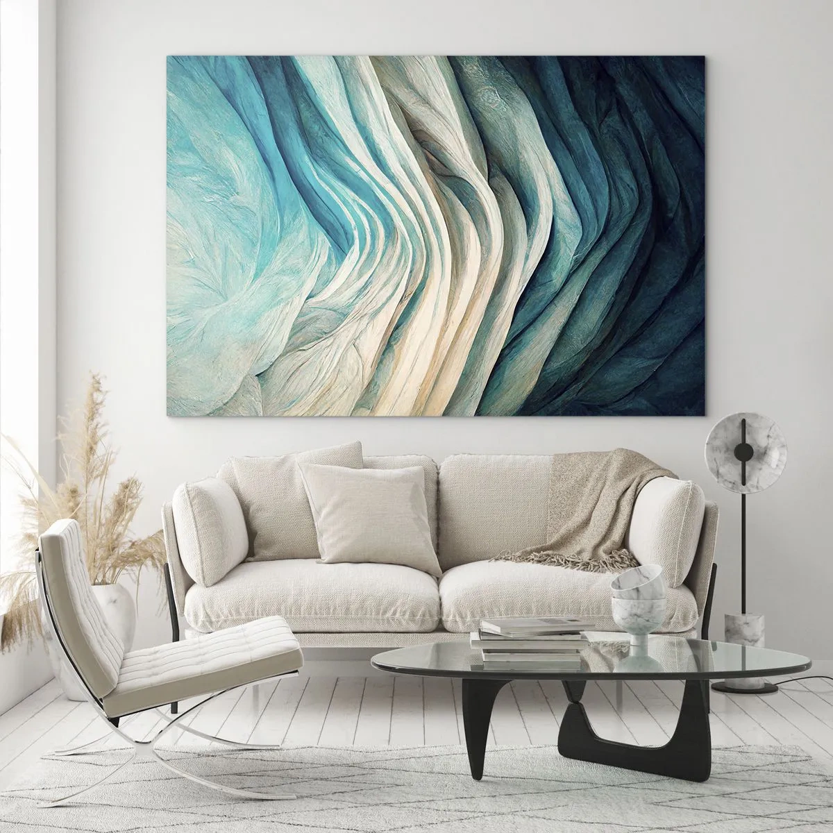 Tablou pe sticlă - Valuri abstracte în nuanțe de albastru și bej - 70x50cm - Insațiabilitate albastră - Decorațiune modernă pentru perete pentru living și dormitor ARTTOR