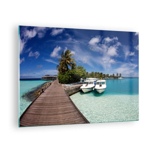 Tablou pe sticlă - Dig exotic, bărci și apă turcoaz - 70x50cm - Și totuși paradisul există - Decorațiune modernă pentru perete pentru living și dormitor ARTTOR
