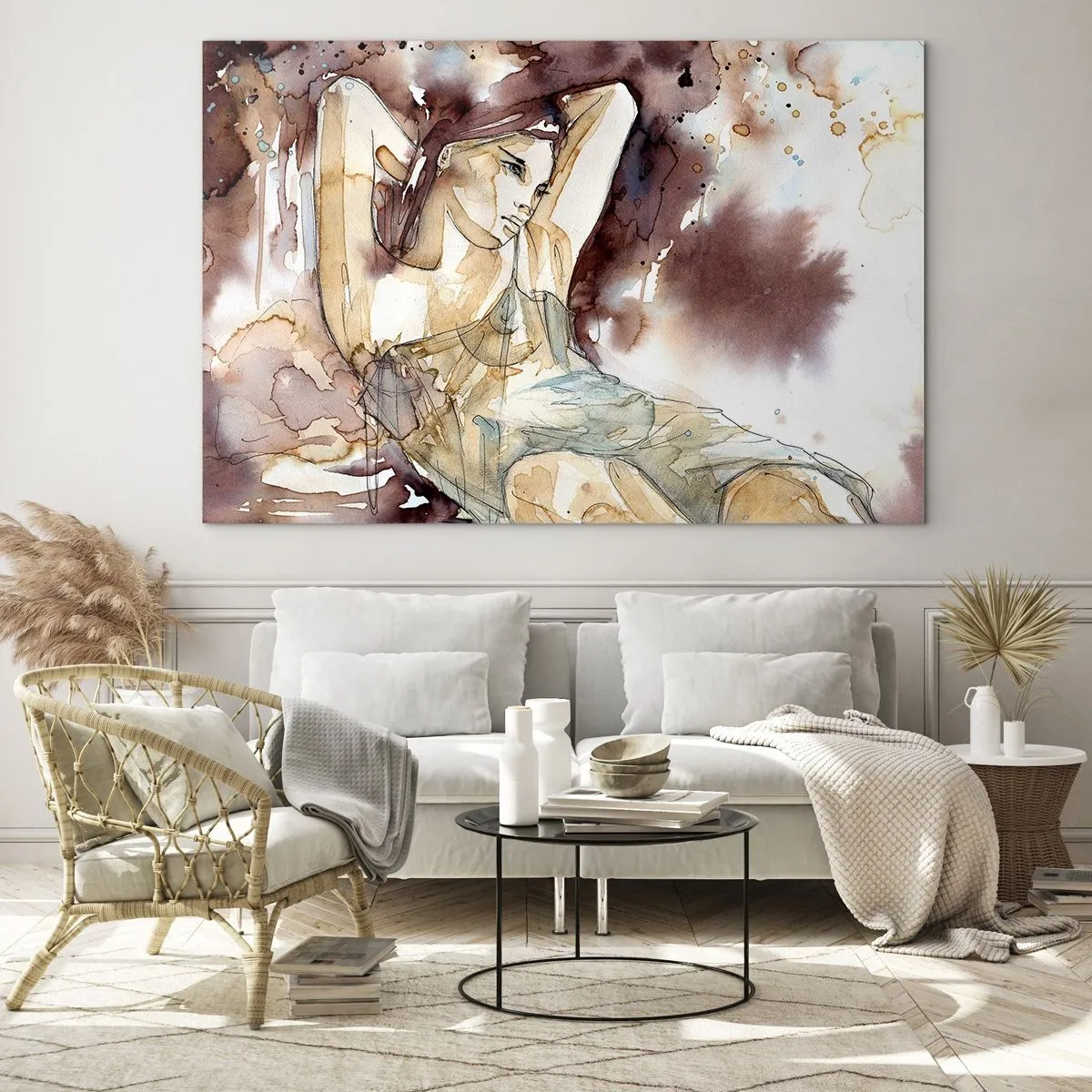 Tablou pe sticlă - Femeie senzuală într-o acuarelă artistică în tonuri sepia - 70x50cm - Într-o dispoziție mov deschis - Decorațiune modernă pentru perete pentru living și dormitor ARTTOR