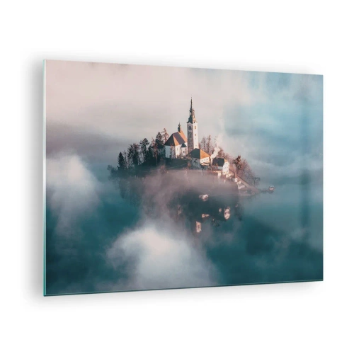 Tablou pe sticlă - O insulă cu o biserică înconjurată de ceață pe un lac liniștit - 70x50cm - Insula de vis - Decorațiune modernă pentru perete pentru living și dormitor ARTTOR