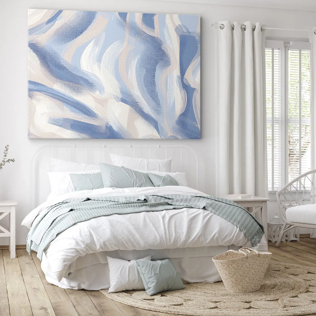 Tablou pe pânză Canvas - Pensule abstracte în nuanțe de albastru și bej - 70x50cm - Undele albastre - Decorațiune modernă pentru perete pentru living și dormitor ARTTOR