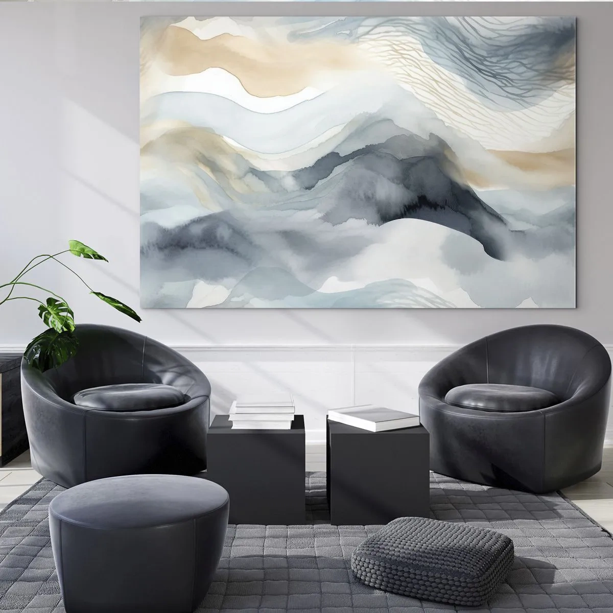 Tablou pe sticlă - Valuri abstracte în nuanțe de bej și albastru - 70x50cm - Abstracție de zăpadă și ceață - Decorațiune modernă pentru perete pentru living și dormitor ARTTOR