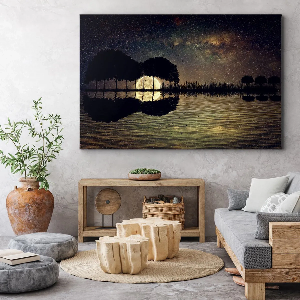 Tablou pe pânză Canvas - O noapte magică cu copaci și lună reflectată pe apă - 70x50cm - O noapte la capătul lumii - Decorațiune modernă pentru perete pentru living și dormitor ARTTOR