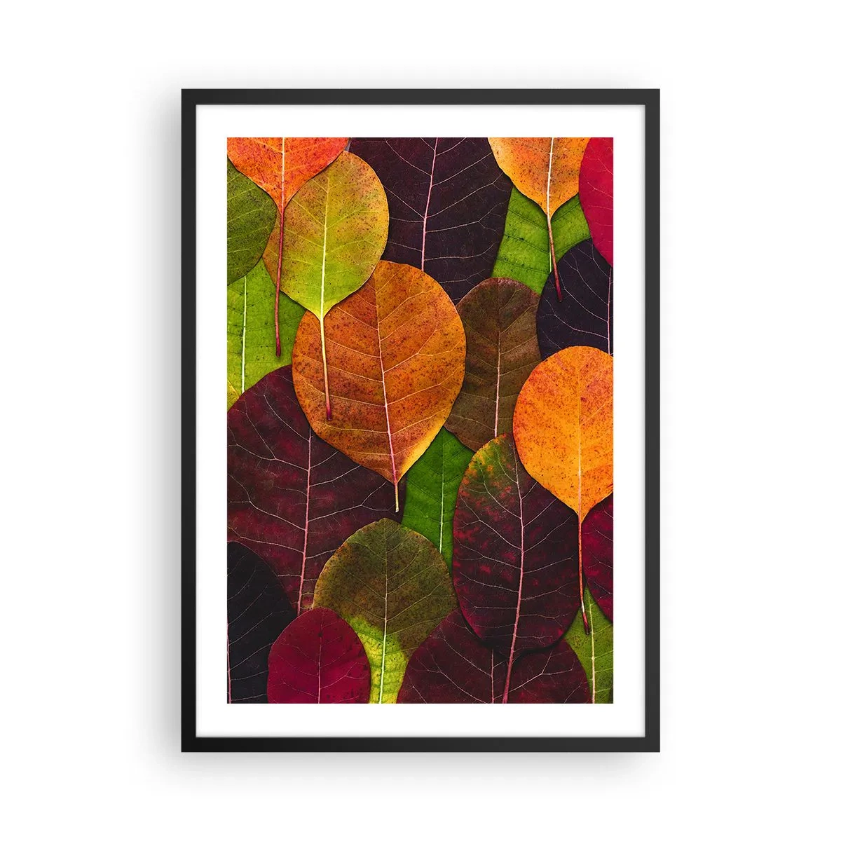 Poster în ramă neagră - Frunze colorate în nuanțe de verde, portocaliu și roșu, aranjate într-un model mozaic - 50x70cm - Mozaic de toamnă - Decorațiune modernă pentru perete pentru living și dormitor ARTTOR