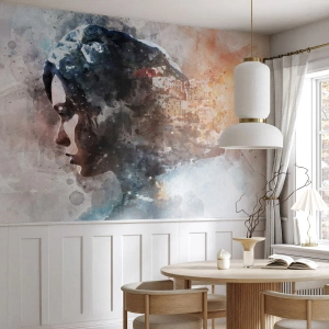 Tapet Standard Eco - O femeie într-o compoziție în acuarelă cu un oraș - 100x70cm - Povestea unei fete cu un oraș în fundal - Decorațiune modernă pentru perete pentru living și dormitor ARTTOR