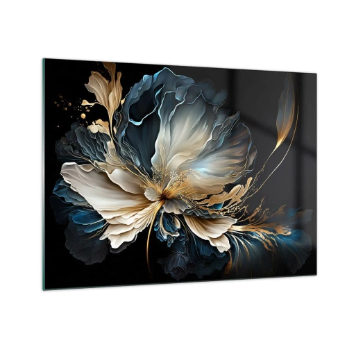 Tablou pe sticlă - floare elegantă în nuanțe de auriu, bleumarin și bej pe negru - 70x50cm - Povestea unei flori de iubire - Decorațiune modernă pentru perete pentru living și dormitor ARTTOR