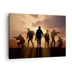 Tablou pe pânză Canvas - Soldați pe fundalul soarelui apus într-un decor dinamic - 70x50cm - Brothers in arms - Decorațiune modernă pentru perete pentru living și dormitor ARTTOR