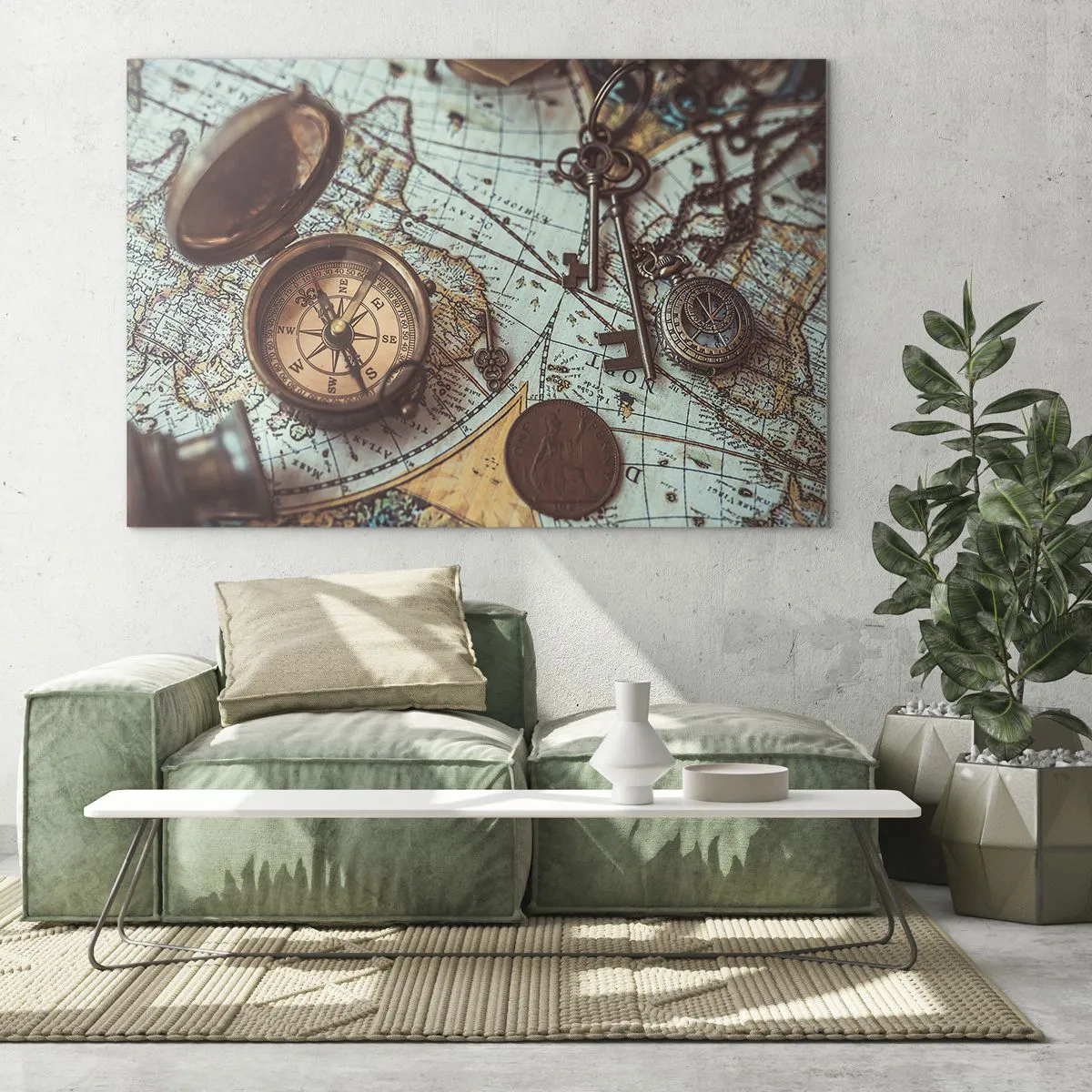 Tablou pe sticlă - O busolă antică pe fundalul unei hărți și al unor chei antice. - 70x50cm - Pentru aventurierul din tine - Decorațiune modernă pentru perete pentru living și dormitor ARTTOR