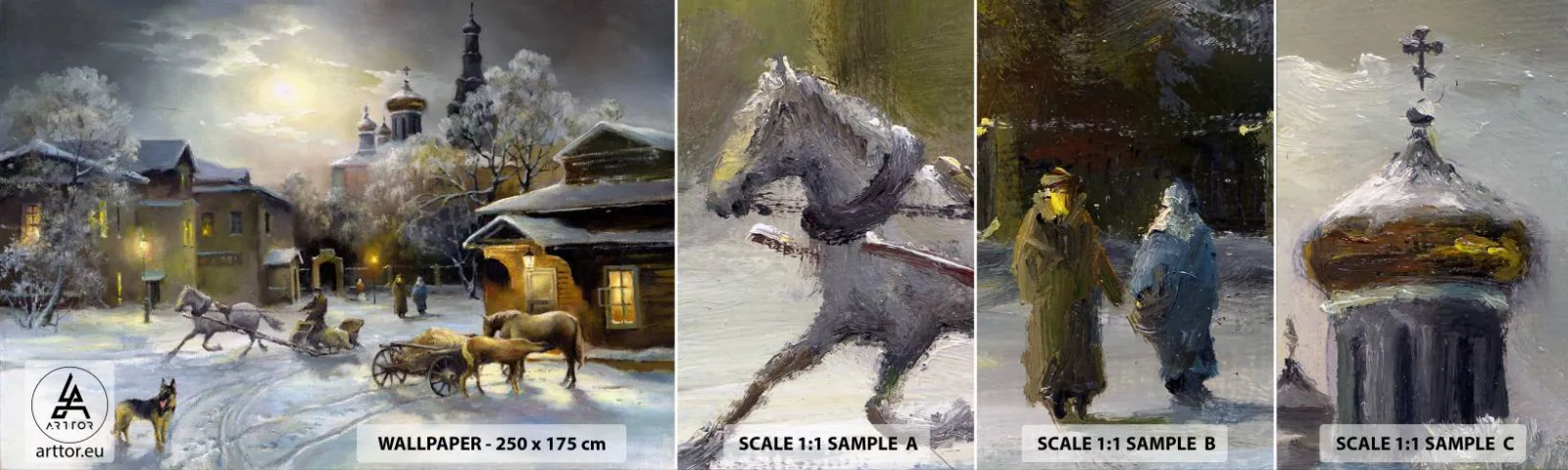 Mostră de Tapet Standard Eco - Magia unei ierni rusești - Peisaj, Sat, Iarna la Camp - 100x30 cm