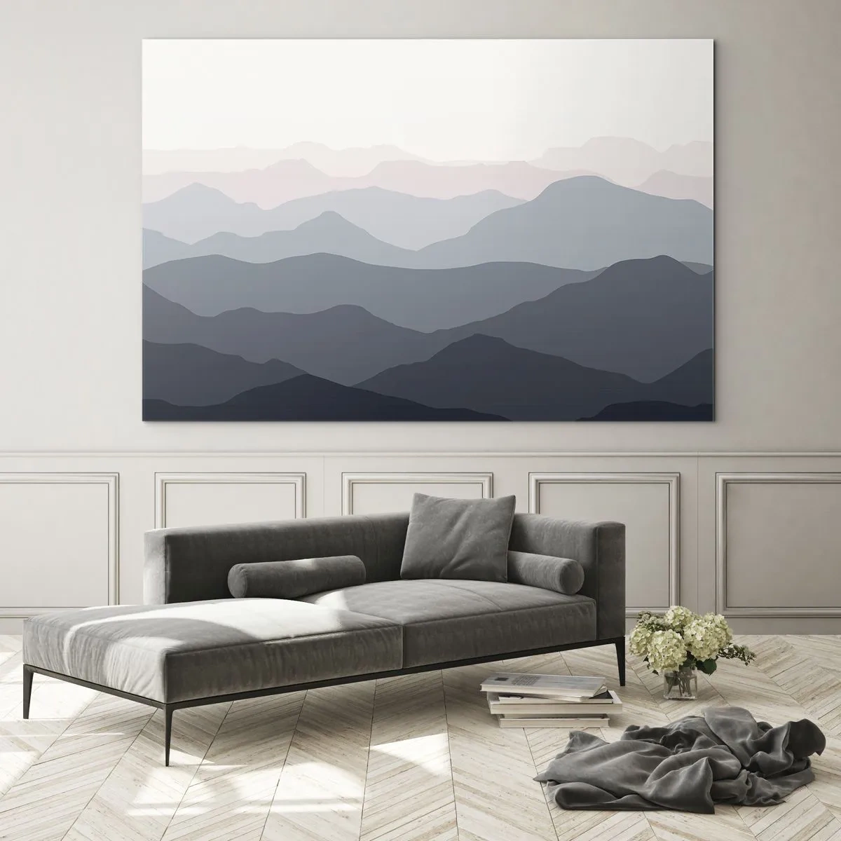 Tablou pe sticlă - Straturi subtile de munți în nuanțe pastelate - 70x50cm - Valuri de munți - Decorațiune modernă pentru perete pentru living și dormitor ARTTOR