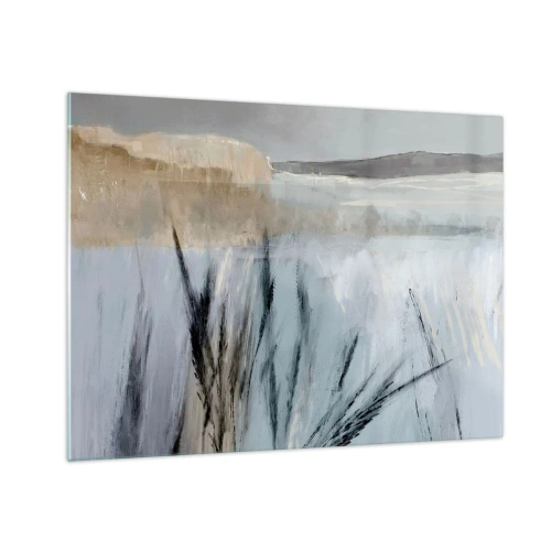 Tablou pe sticlă - Peisaj de iarnă cu ierburi pe fundalul câmpurilor acoperite de zăpadă - 70x50cm - Câmpuri de iarnă - Decorațiune modernă pentru perete pentru living și dormitor ARTTOR