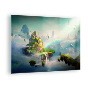 Tablou pe sticlă - Insule zburătoare în nori cu curcubee și cascade - 70x50cm - Insule fericite - Decorațiune modernă pentru perete pentru living și dormitor ARTTOR