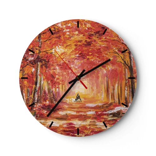 Ceas de perete - Ceas pe sticlă - Pădure de toamnă în nuanțe calde de roșu și portocaliu - 30x30cm - Pădurea de cupru - Decorațiune modernă pentru perete pentru living, bucătărie și dormitor ARTTOR
