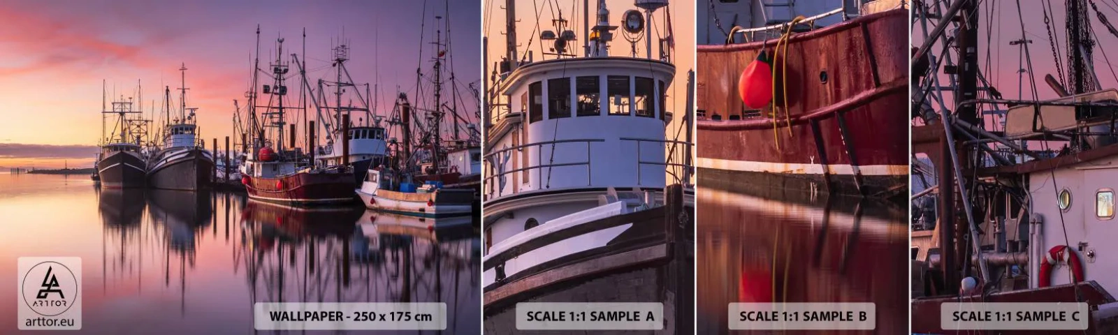 Mostră de Tapet Standard Eco - Înainte de o zi plină - Portul Pescarilor, Bărci, Pescuit - 100x30 cm