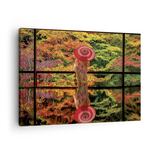 Tablou pe pânză Canvas - O femeie într-un kimono cu o umbrelă pe fundalul unui peisaj de toamnă. - 70x50cm - În templul naturii - Decorațiune modernă pentru perete pentru living și dormitor ARTTOR