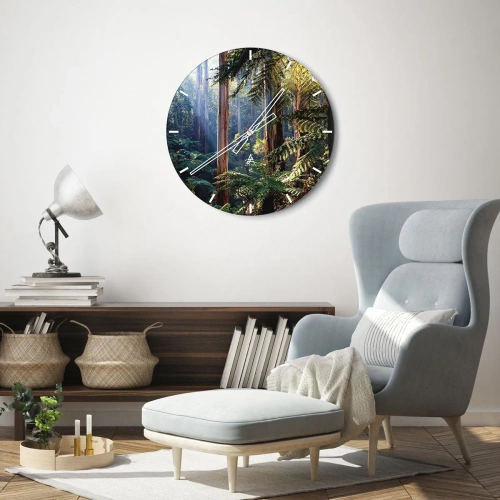 Ceas de perete - Ceas pe sticlă - Pădure tropicală cu copaci înalți și ferigi - 30x30cm - O poveste din pădure - Decorațiune modernă pentru perete pentru living, bucătărie și dormitor ARTTOR