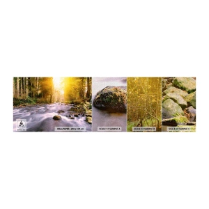 Mostră tapet Premium Canvas - Malachit în rame de argint și aur - Peisaj, Pârâu de munte, pădure - 100x30 cm