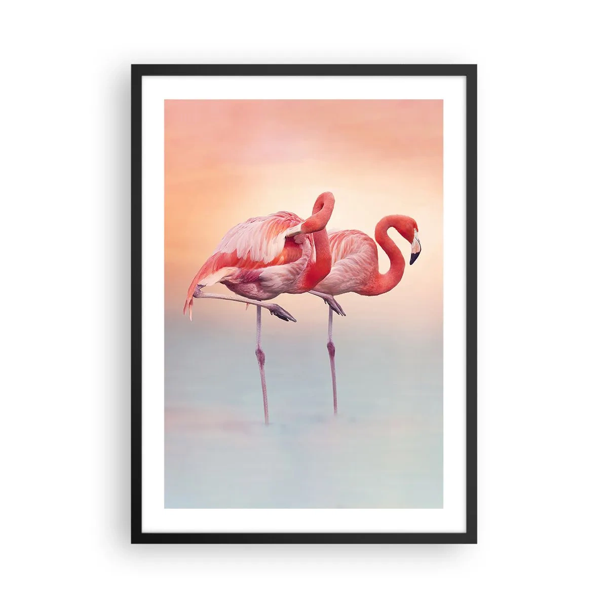 Poster în ramă neagră - Flamingo pe fundalul unui apus de soare pastelat - 50x70cm - În culoarea soarelui care apune - Decorațiune modernă pentru perete pentru living și dormitor ARTTOR