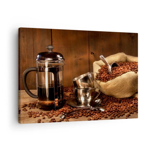 Tablou pe pânză Canvas - Presă franceză, cești și o pungă de cafea pe un fundal de lemn - 70x50cm - Magia cafelei - aromă și gust - Decorațiune modernă pentru perete pentru living și dormitor ARTTOR