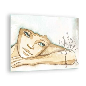 Tablou pe sticlă - O figură subtilă a unei femei cu un copac pe un fundal de culori de acuarelă - 70x50cm - Copacul poeziei crește din tăcere - Decorațiune modernă pentru perete pentru living și dormitor ARTTOR