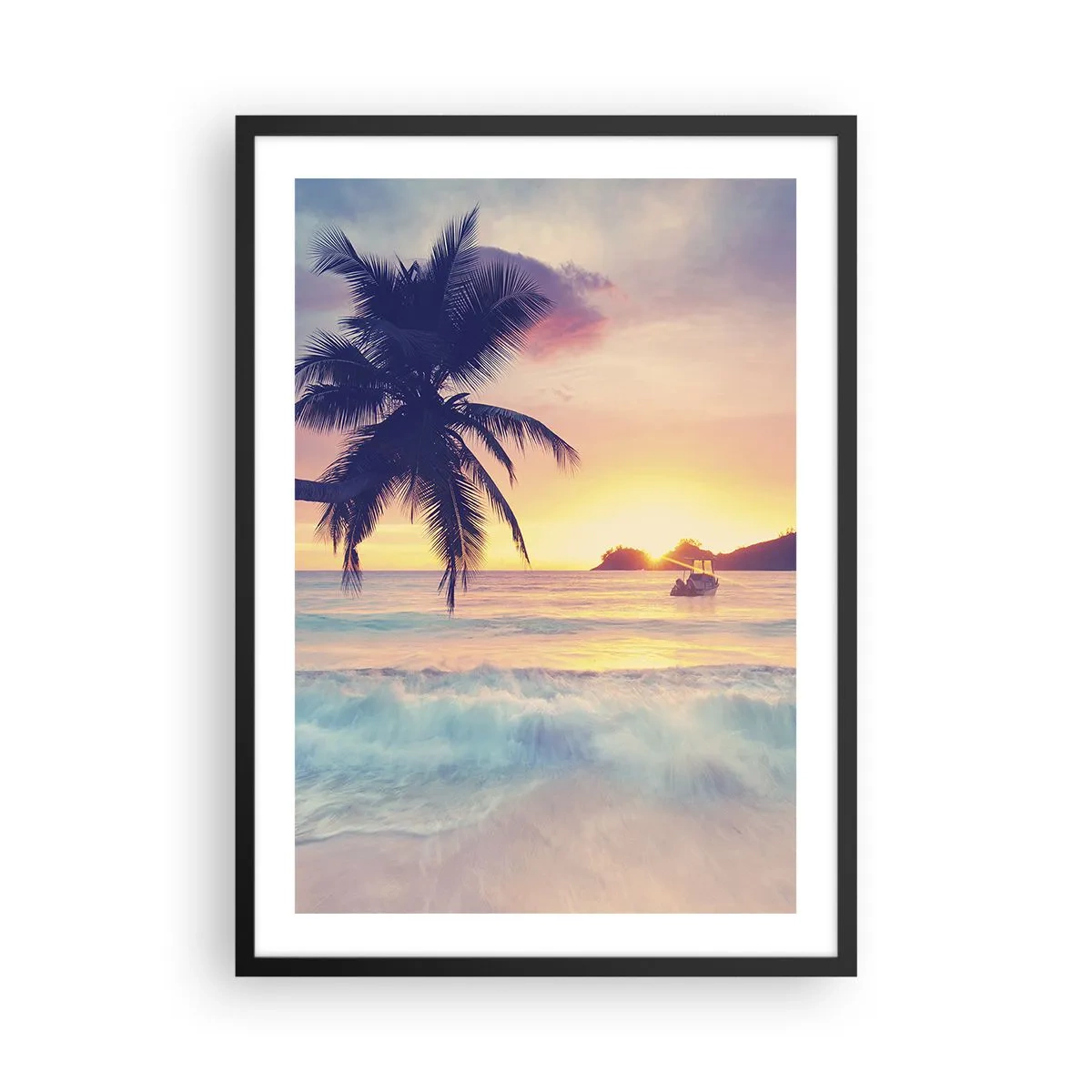 Poster în ramă neagră - Palmier pe plajă la apus - 50x70cm - O seară în golf - Decorațiune modernă pentru perete pentru living și dormitor ARTTOR