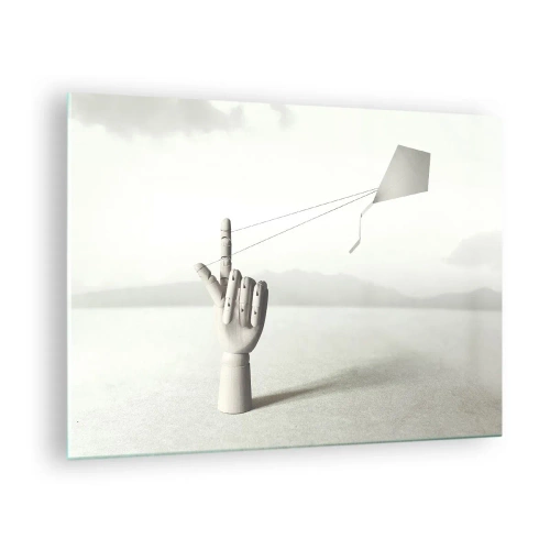 Tablou pe sticlă - O mână de lemn care ține pe deget un zmeu plutitor - 70x50cm - Încercare de forță - Decorațiune modernă pentru perete pentru living și dormitor ARTTOR