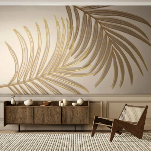 Tapet Standard Eco - Frunze de palmier aurii pe un fundal deschis, într-un stil minimalist - 100x70cm - Palmier de aur! - Decorațiune modernă pentru perete pentru living și dormitor ARTTOR