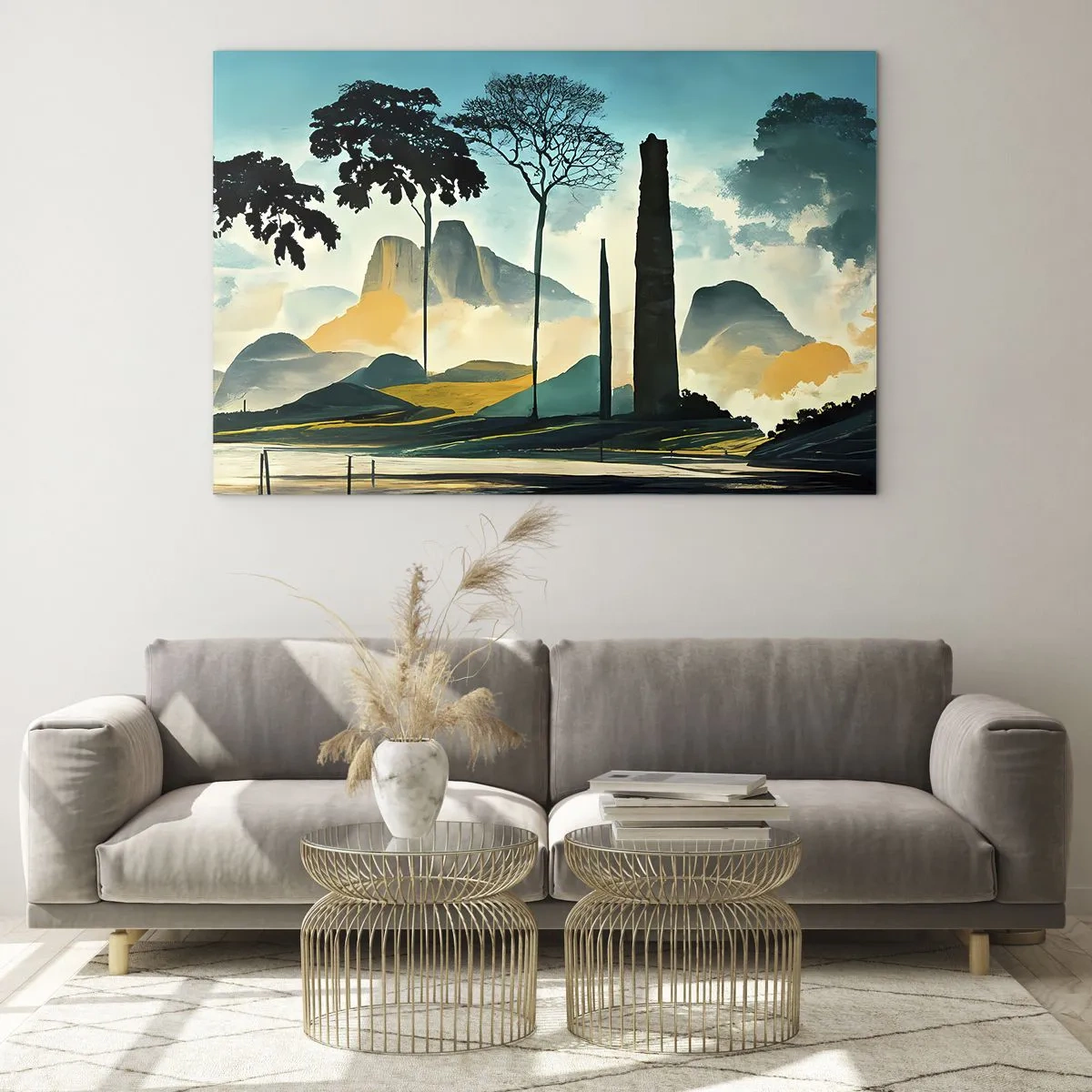 Tablou pe sticlă - Un peisaj fantastic cu munți, copaci și o stâncă impunătoare - 70x50cm - Din ce în ce mai sus - Decorațiune modernă pentru perete pentru living și dormitor ARTTOR
