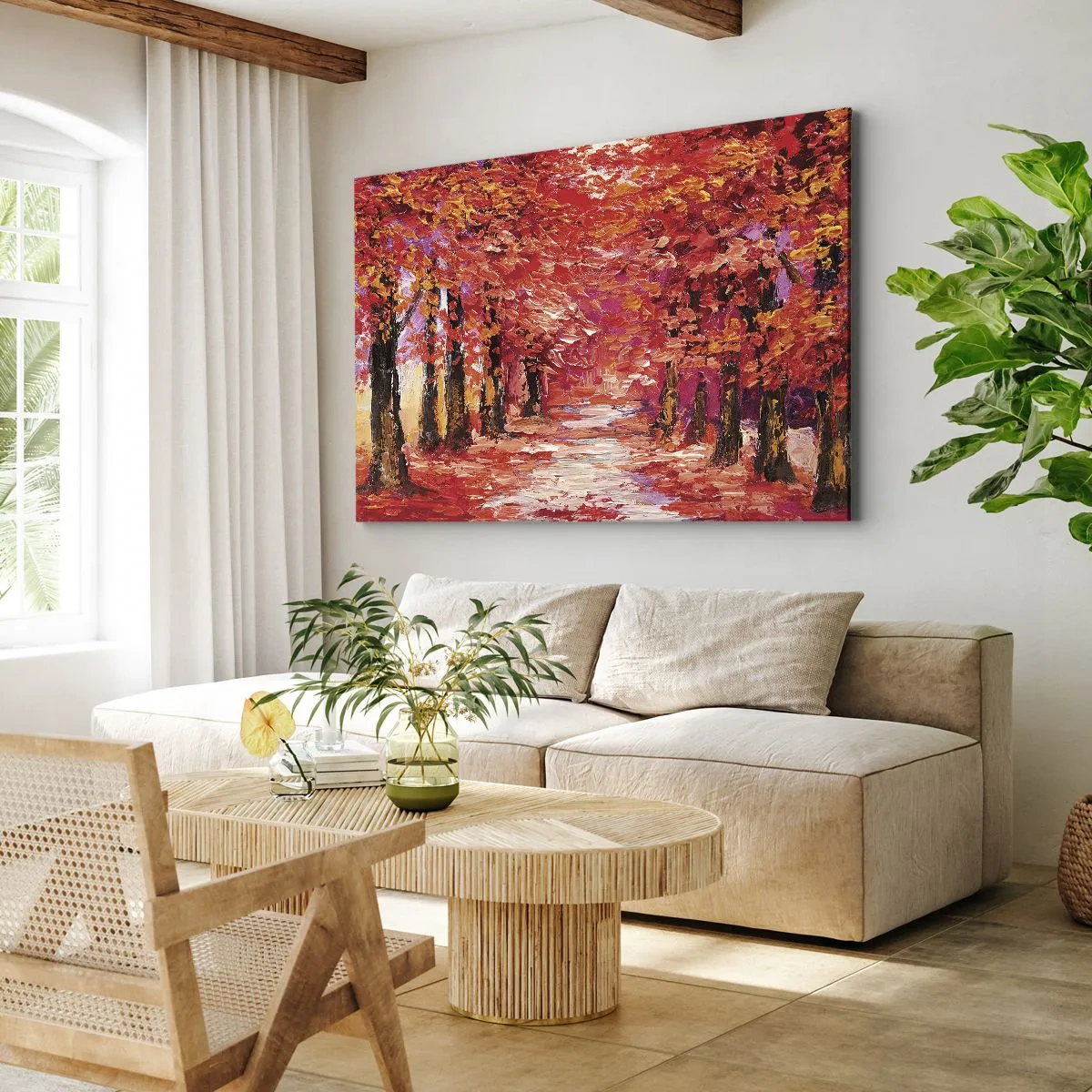 Tablou pe pânză Canvas - O alee pitorească în culori de toamnă, în stil impresionist - 70x50cm - Impresie de toamnă - Decorațiune modernă pentru perete pentru living și dormitor ARTTOR