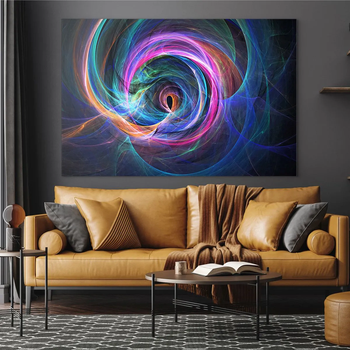 Tablou pe sticlă - O spirală abstractă în culori intense pe un fundal întunecat. - 70x50cm - Unde mă vei duce? - Decorațiune modernă pentru perete pentru living și dormitor ARTTOR