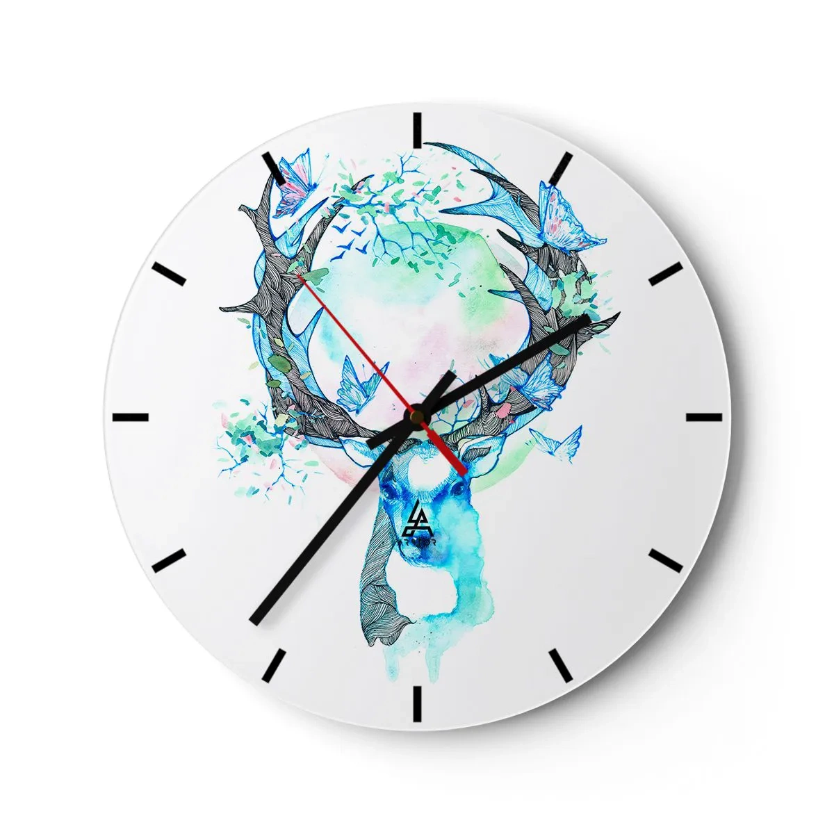 Ceas de perete - Ceas pe sticlă - Cerb artistic cu ramuri și fluturi pe fundal alb - 30x30cm - Forța și delicatețea naturii - Decorațiune modernă pentru perete pentru living, bucătărie și dormitor ARTTOR