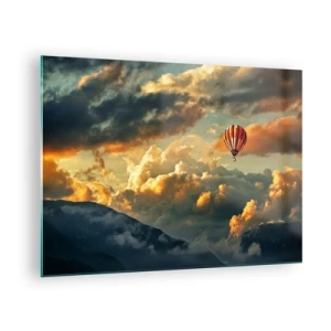 Tablou pe sticlă - Un balon plutind deasupra munților printre nori la apus - 70x50cm - Zbor pentru că vreau - Decorațiune modernă pentru perete pentru living și dormitor ARTTOR