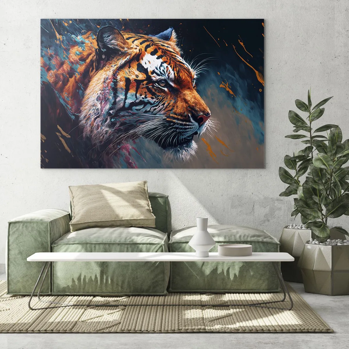 Tablou pe sticlă - Portretul unui tigru într-o explozie artistică de culori - 70x50cm - Frumusețe sălbatică - Decorațiune modernă pentru perete pentru living și dormitor ARTTOR