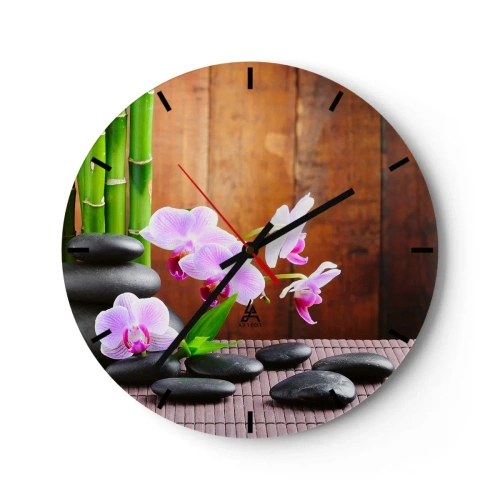 Ceas de perete - Ceas pe sticlă - Orhidee violete cu bambus și pietre - 30x30cm - Experimentați deliciile Orientului - Decorațiune modernă pentru perete pentru living, bucătărie și dormitor ARTTOR