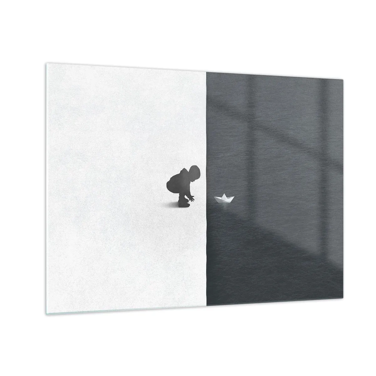 Tablou pe sticlă - Silueta unui copil care lansează o barcă de hârtie în apă - 70x50cm - Marea expediție - Decorațiune modernă pentru perete pentru living și dormitor ARTTOR