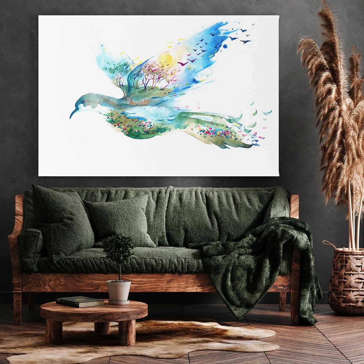 Tablou pe pânză Canvas - Compoziție în acuarelă a unei păsări cu elemente din natură - 70x50cm - Pe aripile naturii - Decorațiune modernă pentru perete pentru living și dormitor ARTTOR