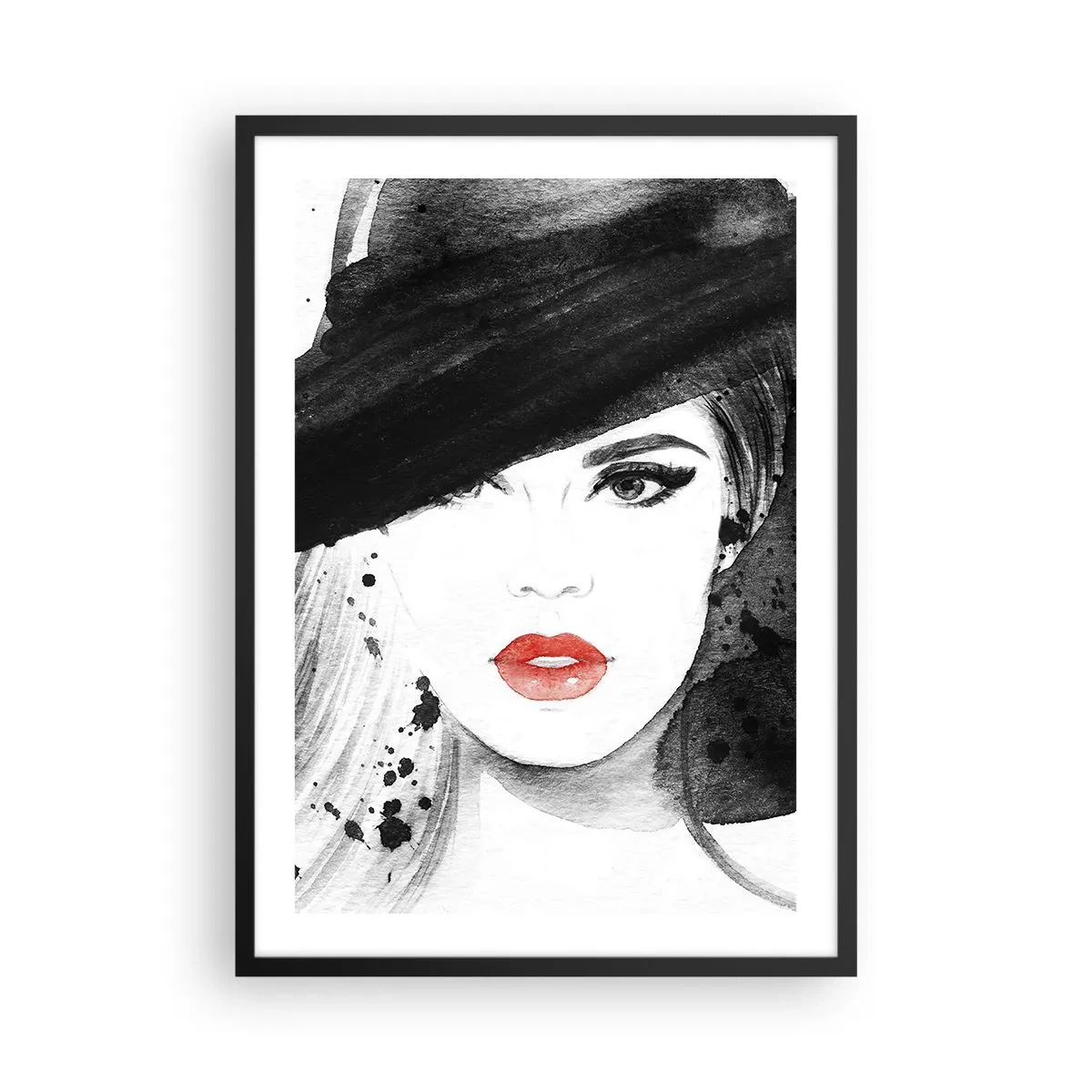 Poster în ramă neagră - Portretul unei femei cu o pălărie cu accent de buze roșii - 50x70cm - Doamna în negru - Decorațiune modernă pentru perete pentru living și dormitor ARTTOR