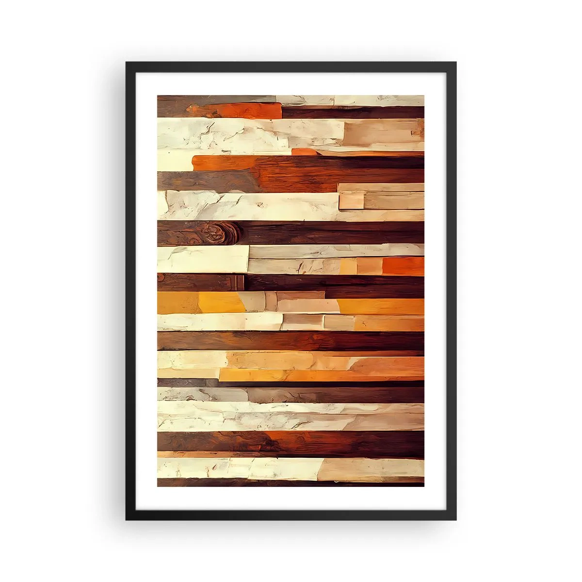 Poster în ramă neagră - O compoziție abstractă din panouri de lemn în culori calde. - 50x70cm - Imnul copacilor din pădure - Decorațiune modernă pentru perete pentru living și dormitor ARTTOR