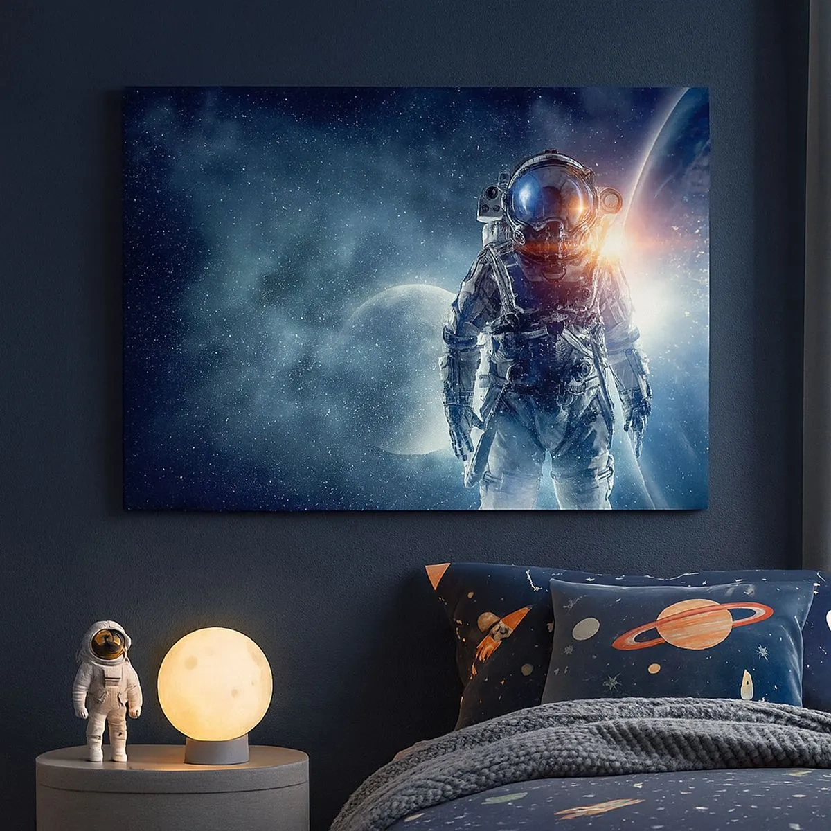 Tablou pe pânză Canvas - Astronautul pe fundalul spațiului și al planetei Pământ - 70x50cm - Aventură spațială - Decorațiune modernă pentru perete pentru living și dormitor ARTTOR
