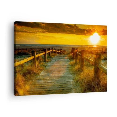 Tablou pe pânză Canvas - O potecă de lemn care duce la plajă în strălucirea soarelui care apune - 70x50cm - Scăldat în aur vechi - Decorațiune modernă pentru perete pentru living și dormitor ARTTOR