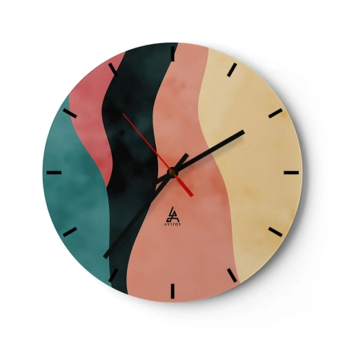 Ceas de perete - Ceas pe sticlă - Dungi ondulate colorate în nuanțe de turcoaz, negru, roz și galben - 30x30cm - Neconformitate compatibilă - Decorațiune modernă pentru perete pentru living, bucătărie și dormitor ARTTOR